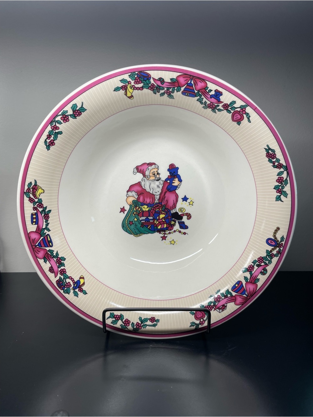 Festive Red & Pink Holiday Ceramic Serving Bowl with Santa Motif